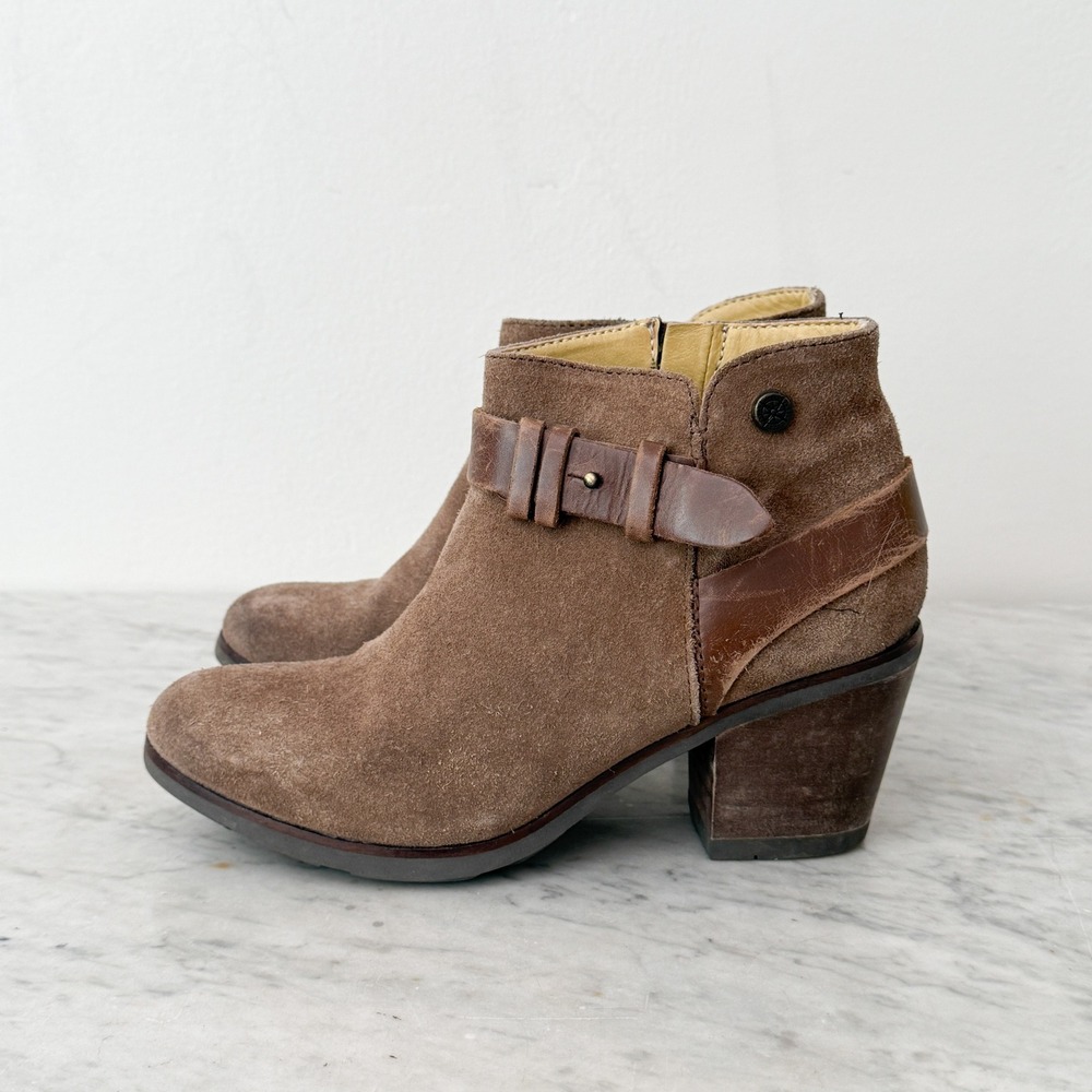 Bussola Boho Western Suede Ankle Boots 38 Brown Leather Buckle Strap Block‎ Heel